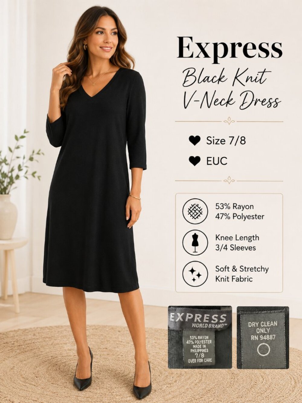 Express Black Knit V-Neck 3/4 Sleeve Dress Size 7/8 EUC